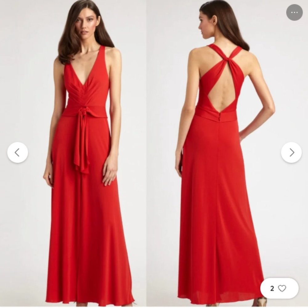 BCBGMAXAZRIA Red Sophia V-Neck Draped Full Length Criss Cross Back Gown